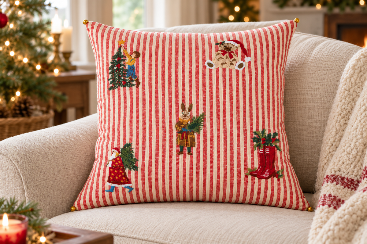 Christmas Characters Striped Cushion styled in a festive living room