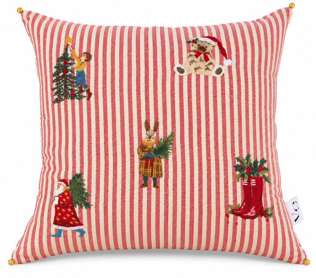Christmas Characters Striped Cushion on a white background
