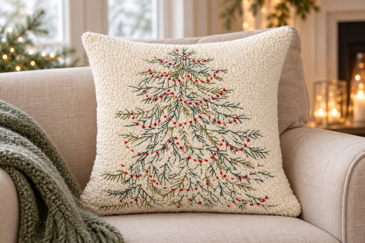 Delicate Christmas Tree Cushion styled in a festive living room