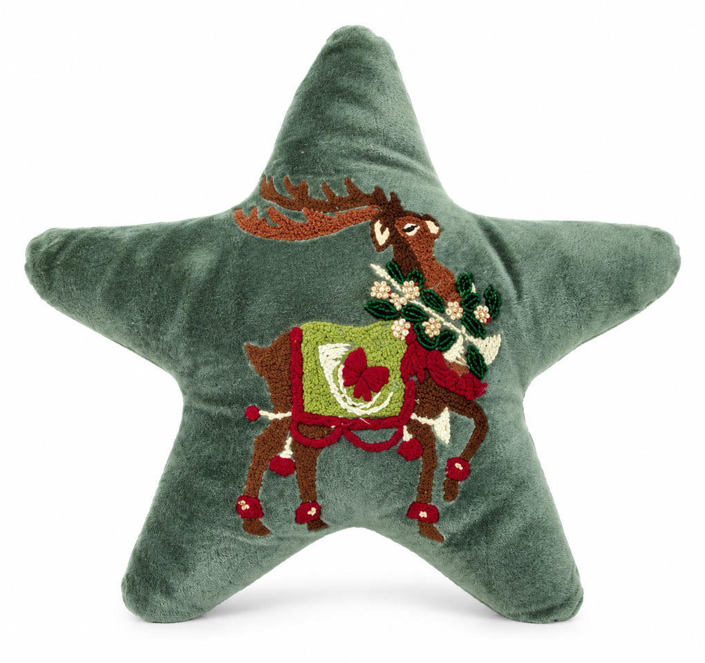 Green Reindeer Star Shaped Cushion on a white background