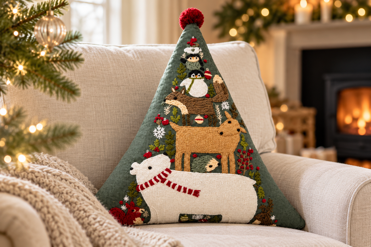 Woodland Christmas Tree Shaped Cushion styled in a festive living room