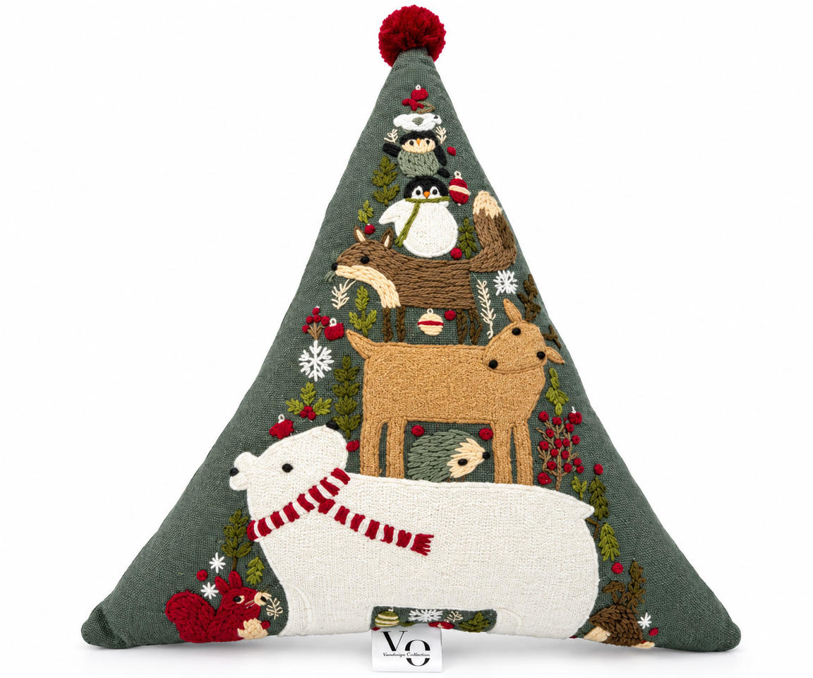 Woodland Christmas Tree Shaped Cushion on a white background