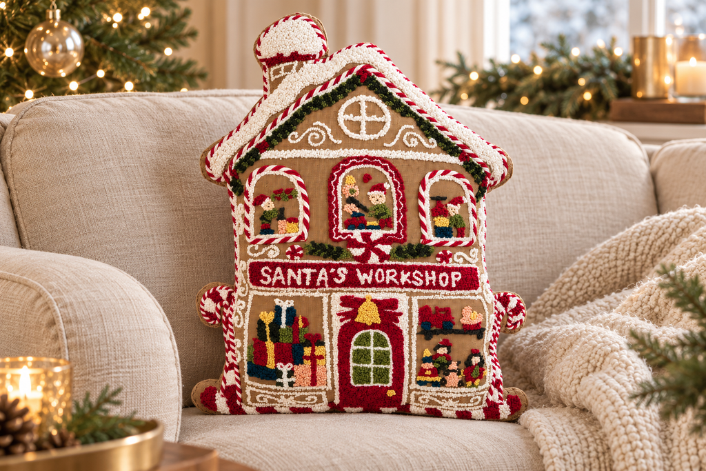 Santa's Workshop Shaped Cushion styled in a festive living room