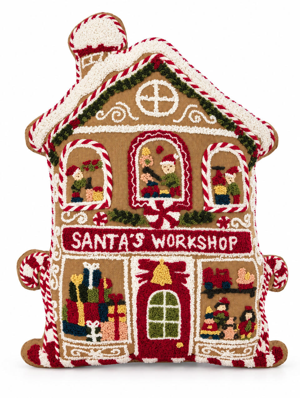 Santa's Workshop Shaped Cushion on a white background