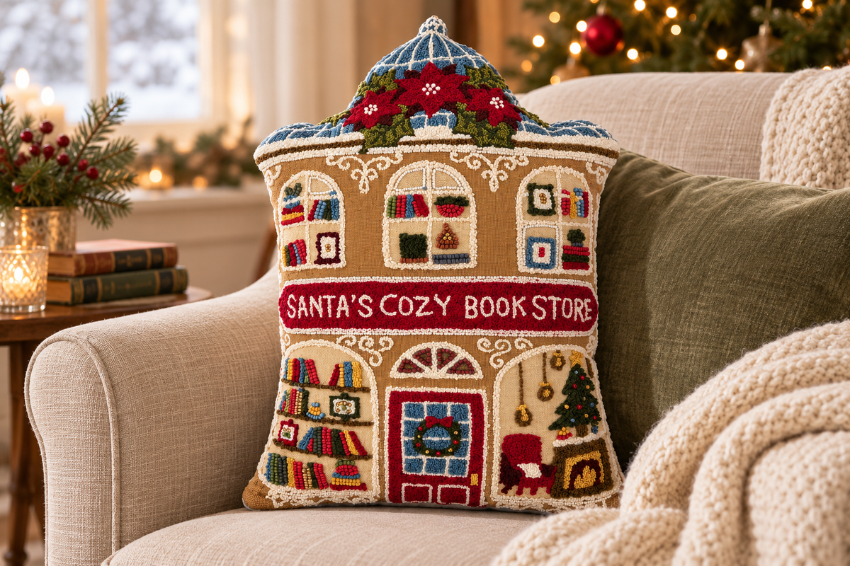Santa's Cozy Book Store Shaped Cushion styled in a festive living room