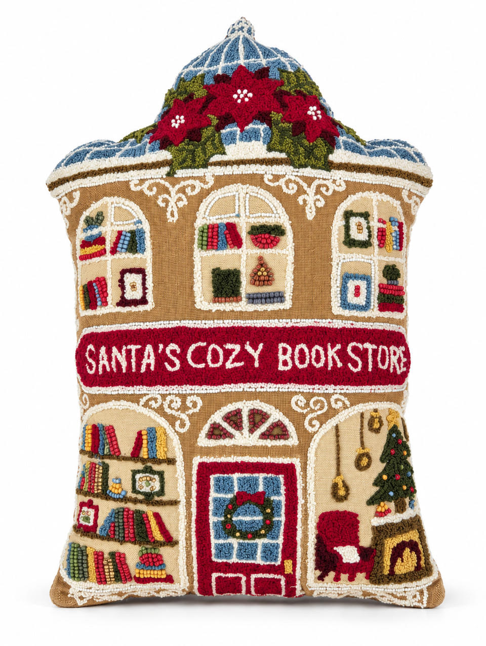 Santa's Cozy Book Store Shaped Cushion on a white background
