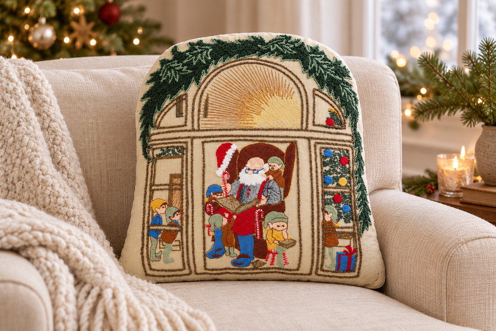 Santa by the Window Shaped Cushion styled in a festive living room
