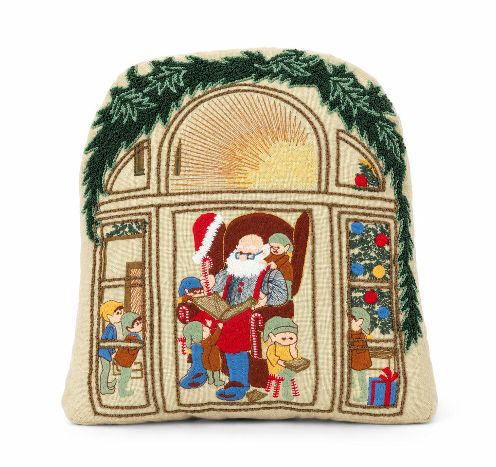 Santa by the Window Shaped Cushion on a white background