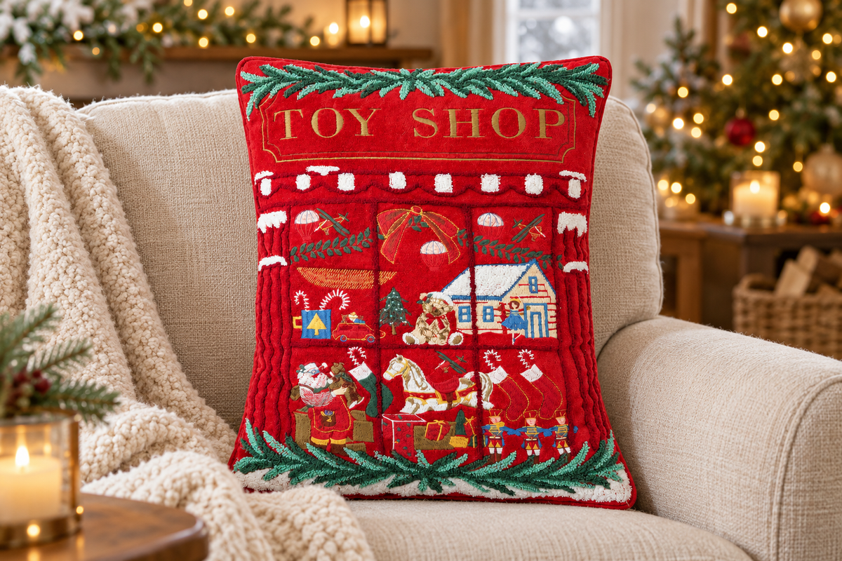 Christmas Toy Shop Cushion styled in a festive living room