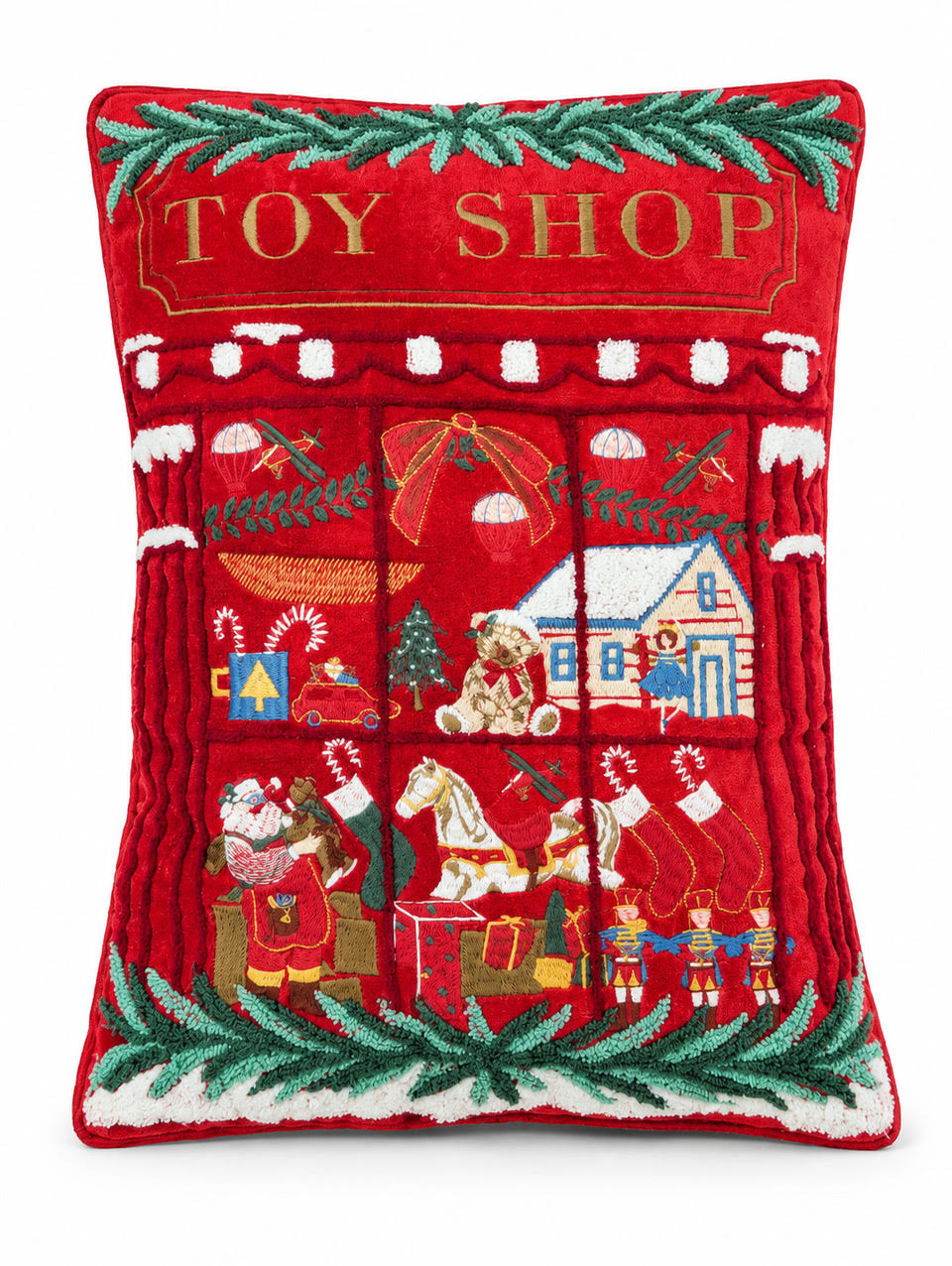 Christmas Toy Shop Cushion on a white background