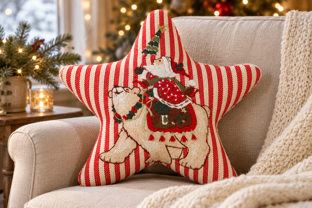 Santa on Polar Bear Striped Star Cushion styled in a festive living room