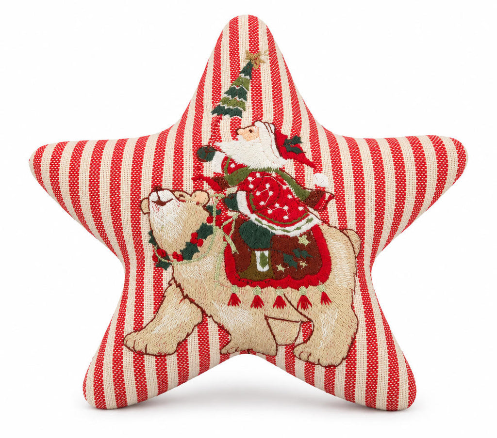 Santa on Polar Bear Striped Star Cushion on a white background