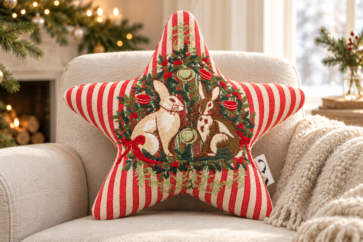Woodland Animals Striped Star Cushion styled in a festive living room