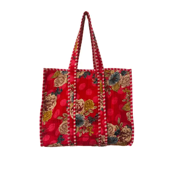 Peach Bird Floral Cotton Quilted Tote Bag